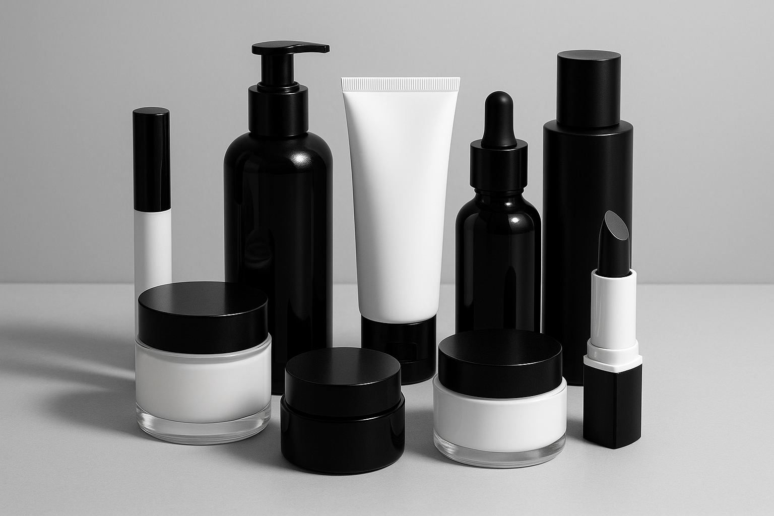 a image about beauty products. make sure the products are black and white