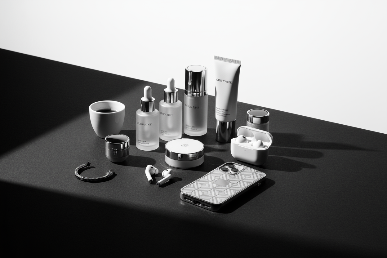 black and white images of the products like beauty, mobile accessories, trendy products.